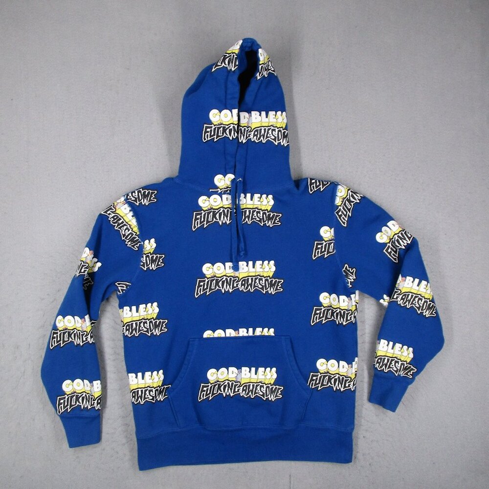 FuckingAwesome FA Hoodie Mens Medium Blue AOP God Bless Pullover Kangaroo Fleece